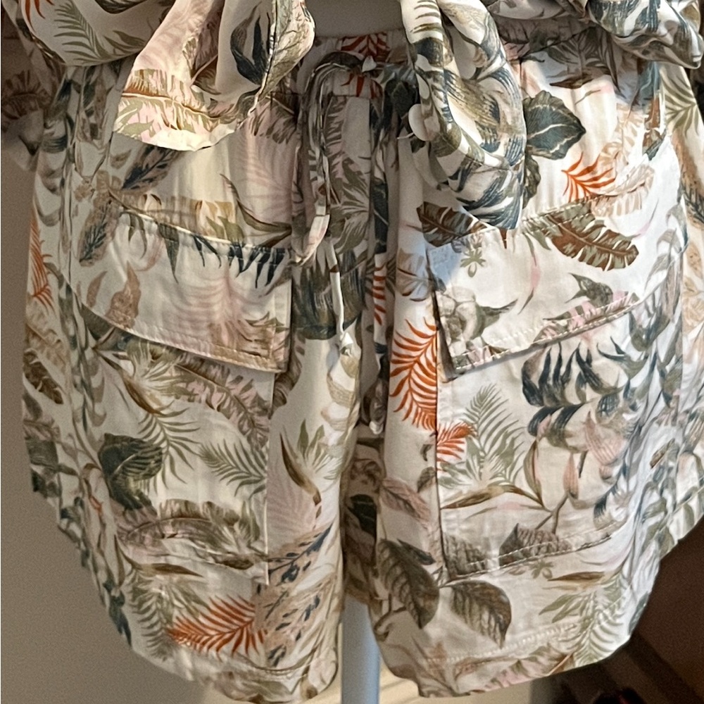 Olivaceous Green and White Cargo Shorts with Tropical Print